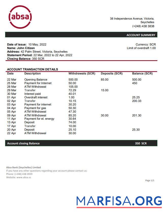 Downloadable Seychelles ABSA bank statement word real example